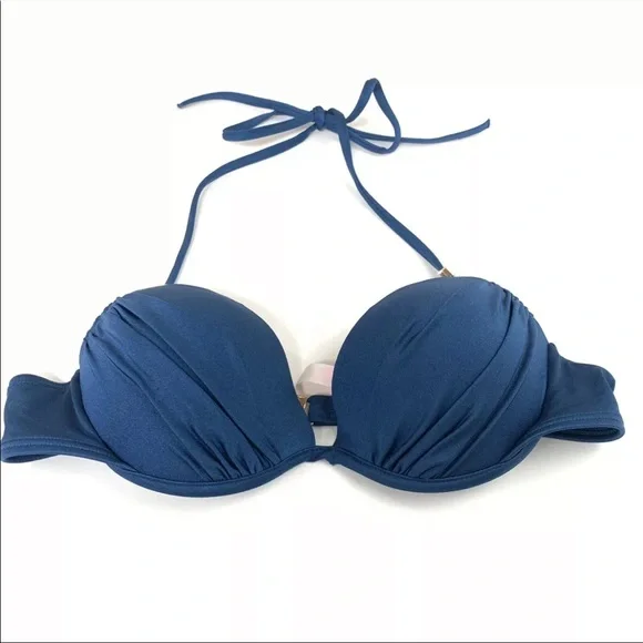 Victorias Secret Bikini Top 34B The Tease Halter Solid Blue Underwire 7DM - Picture 1 of 9